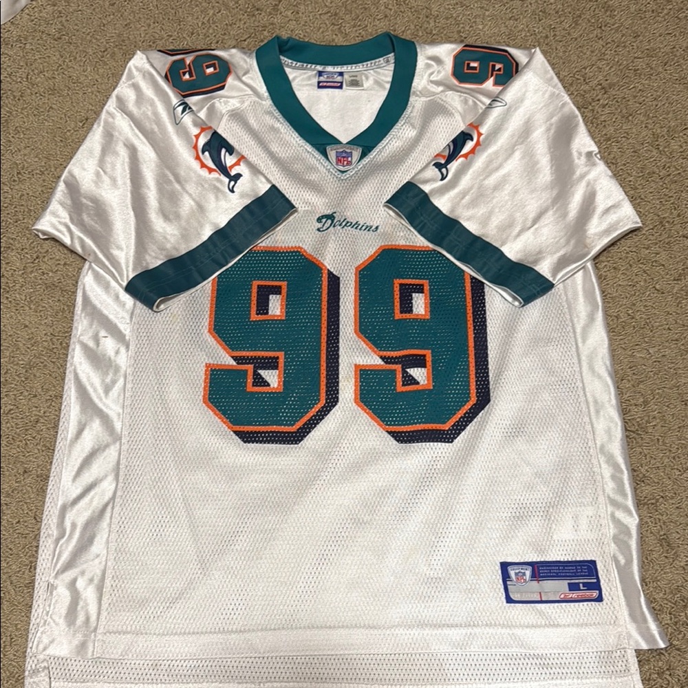 Reebok White and Teal Miami Dolphins Jersey with Orange Highlights